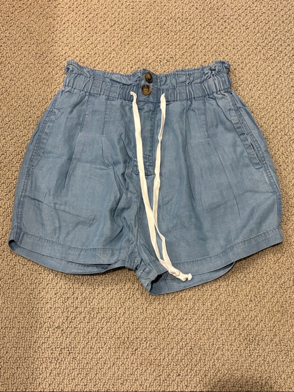 Zenana Women's Blue Chambray Paperbag Waist High Rise Lyocell Shorts Medium